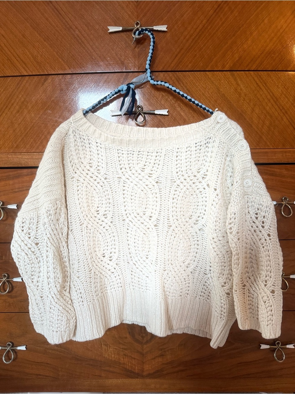 Ann Taylor Cream Cable-Knit Button-Shoulder Sweater